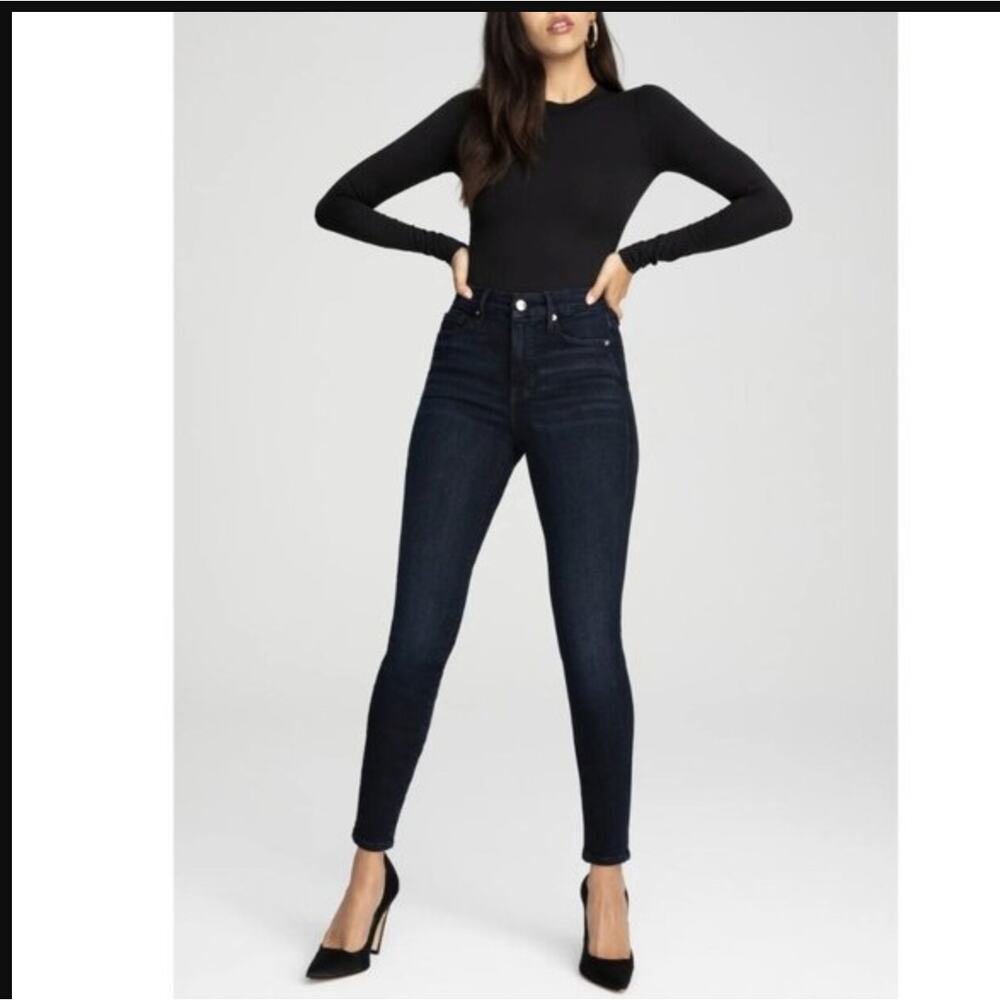 Good American Good Legs High Waist Skinny Jeans Medium Dark Wash Raw Hem 10/31